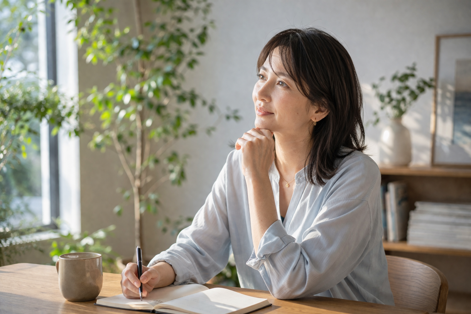 静かな光の中で考える女性