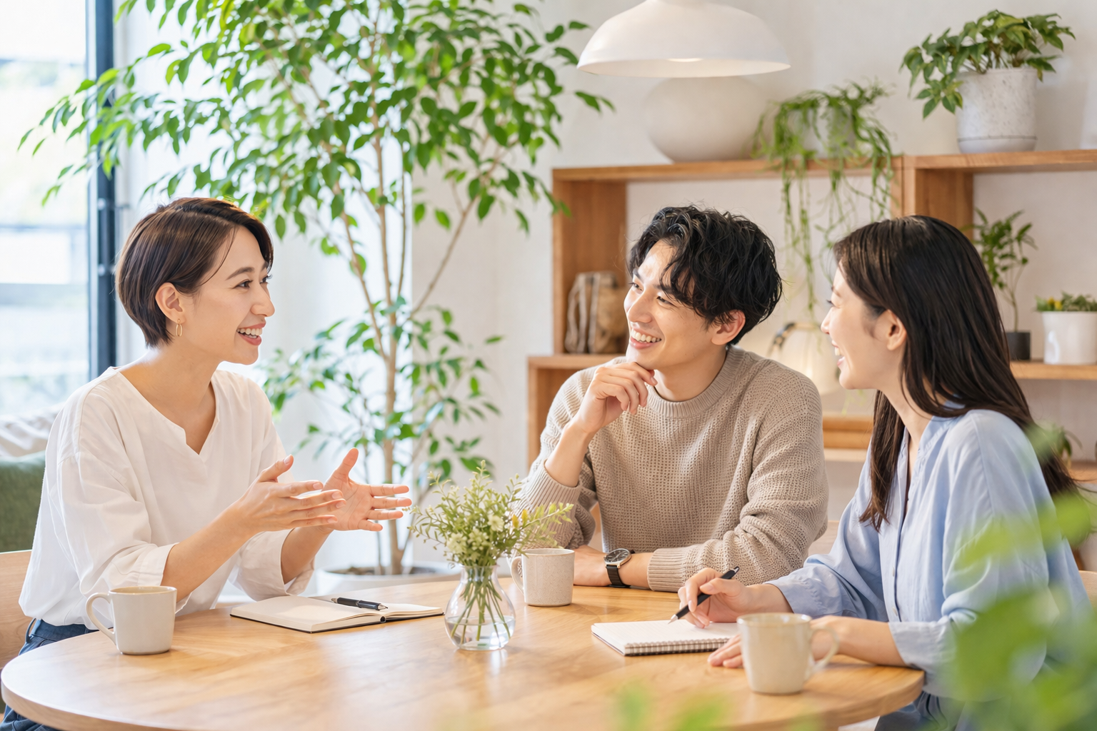 笑顔で談笑する女性と男性